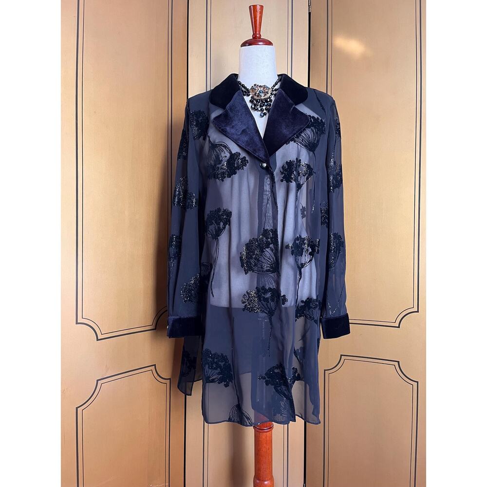 Vintage sheer jacket in black with velvet accents, size 12